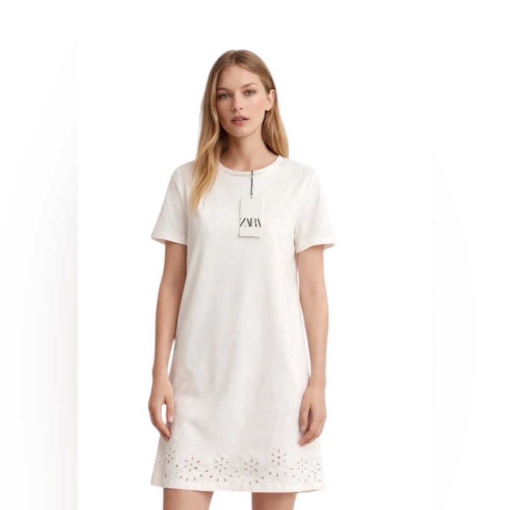 ZARA White Dress Size S Short Sleeve Eyelet Hem | NWT